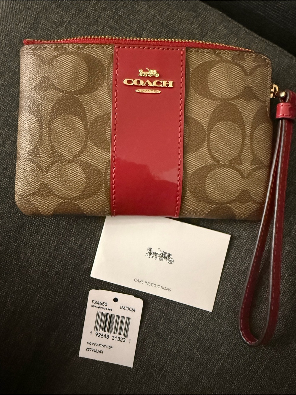 Coach Brown Signature Wristlet with Red Trim